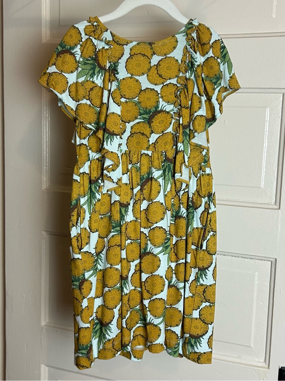Kate Quinn EUC Pineapple Tropical Flutter Sleeve Dress Bamboo